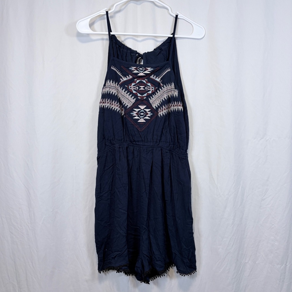 CUPSHE Romper Tribal Embroidered Navy Blue Pom Pom Trim Size S